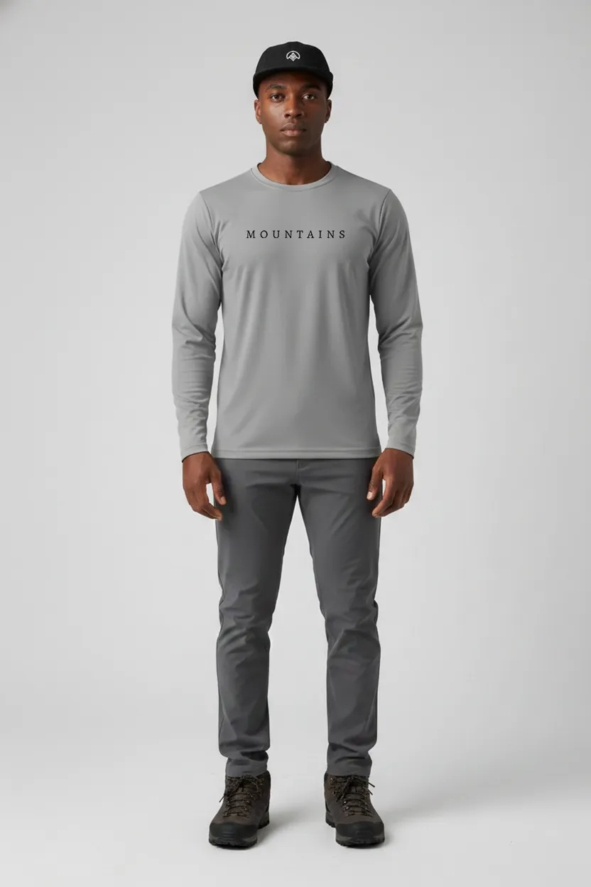 camiseta masculina poliamida uv manga longa mountains cinza
