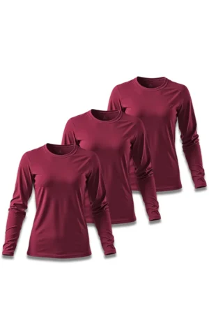 Kit 3 Camisetas Feminina Básica Poliamida UV Manga Longa Bordô