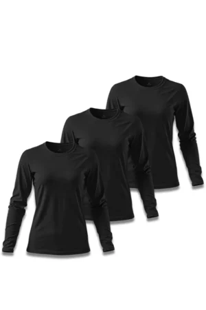 Kit 3 Camisetas Feminina Básica Poliamida UV Manga Longa Preto