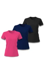 Kit 3 Camisetas Feminina Básica Poliamida UV Preto, Marinho e Pink