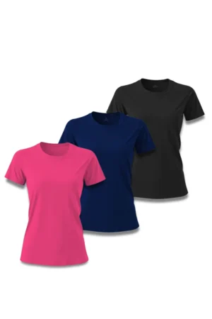 Kit 3 Camisetas Feminina Básica Poliamida UV Preto, Marinho e Pink