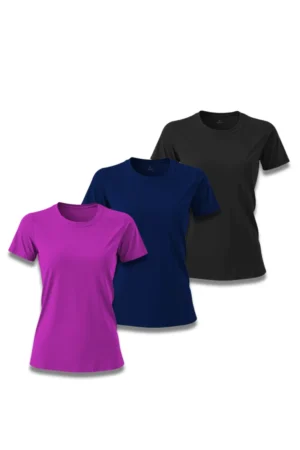 Kit 3 Camisetas Feminina Básica Poliamida UV Preto, Marinho e Roxo