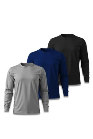 Kit 3 Camisetas Masculina Básica Poliamida UV Manga Preto, Marinho e Cinza