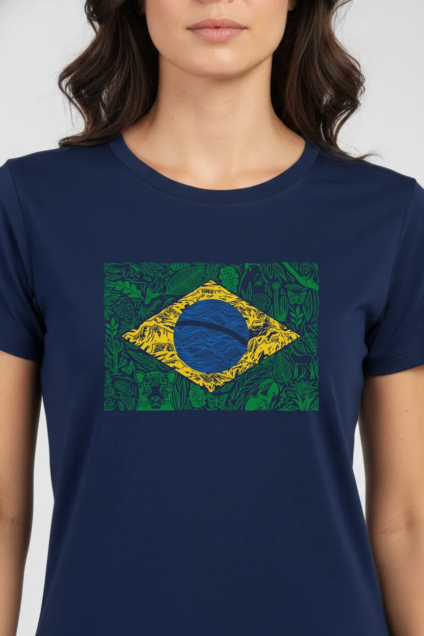 Camiseta Feminina Poliamida UV Brasil Natureza Marinho
