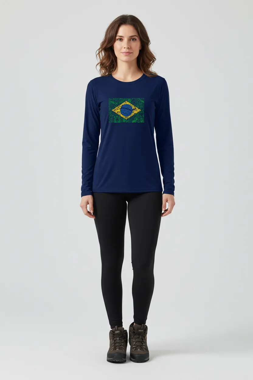 Camiseta Feminina Poliamida UV Manga Longa Brasil Natureza Marinho