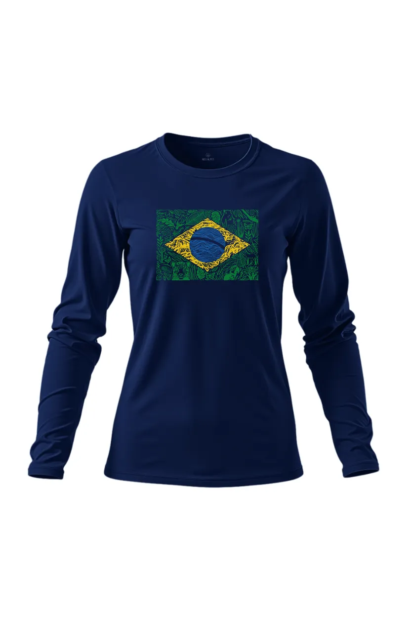 Camiseta Feminina Poliamida UV Manga Longa Brasil Natureza Marinho