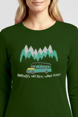 Camiseta Feminina Poliamida UV Manga Longa Happiness Only Real When Shared verde escuro