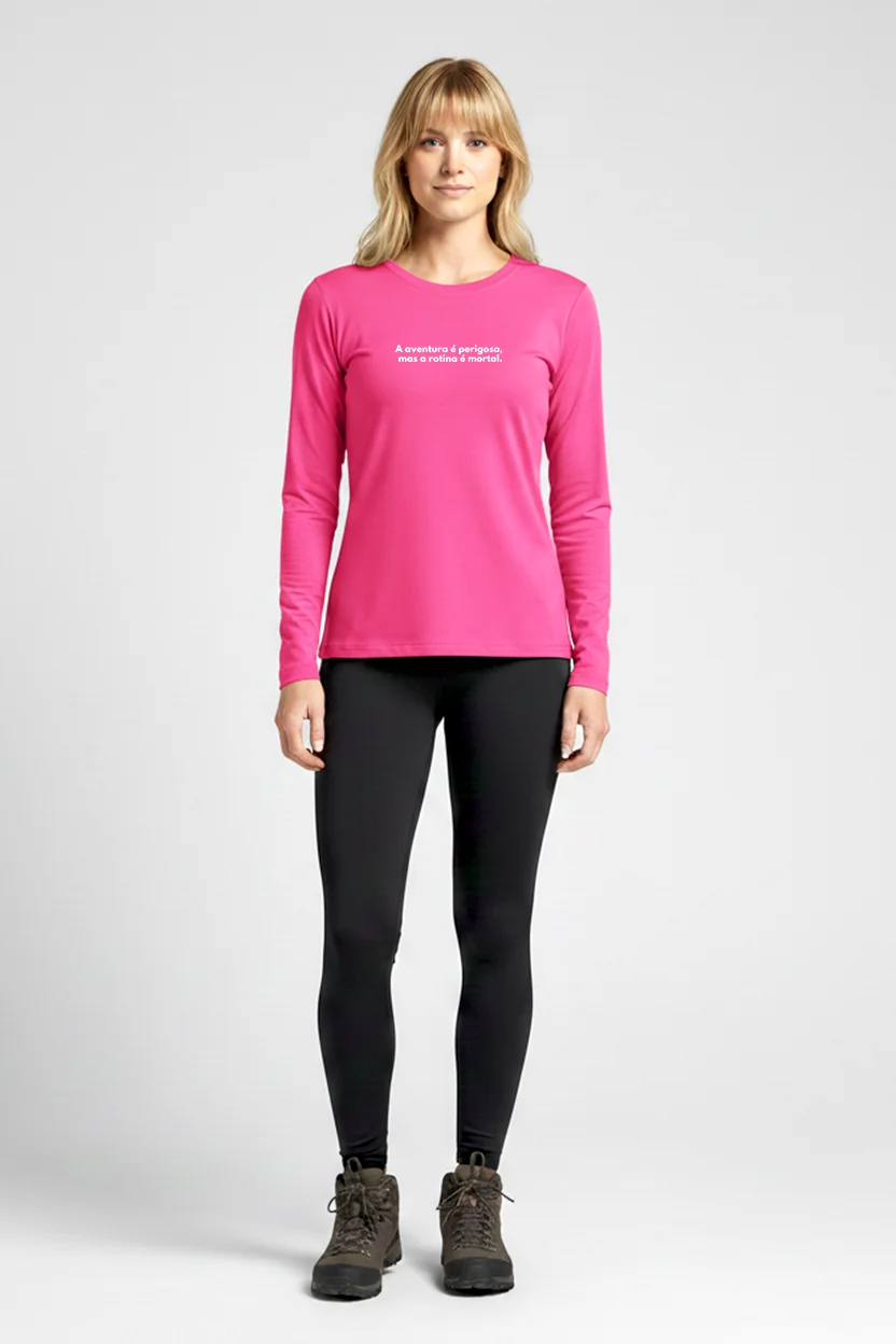 Camiseta Feminina Poliamida UV Manga Longa Aventura vs Rotina rosa