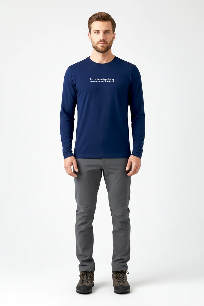 Camiseta Masculina Poliamida UV Manga Longa Aventura vs Rotina marinho
