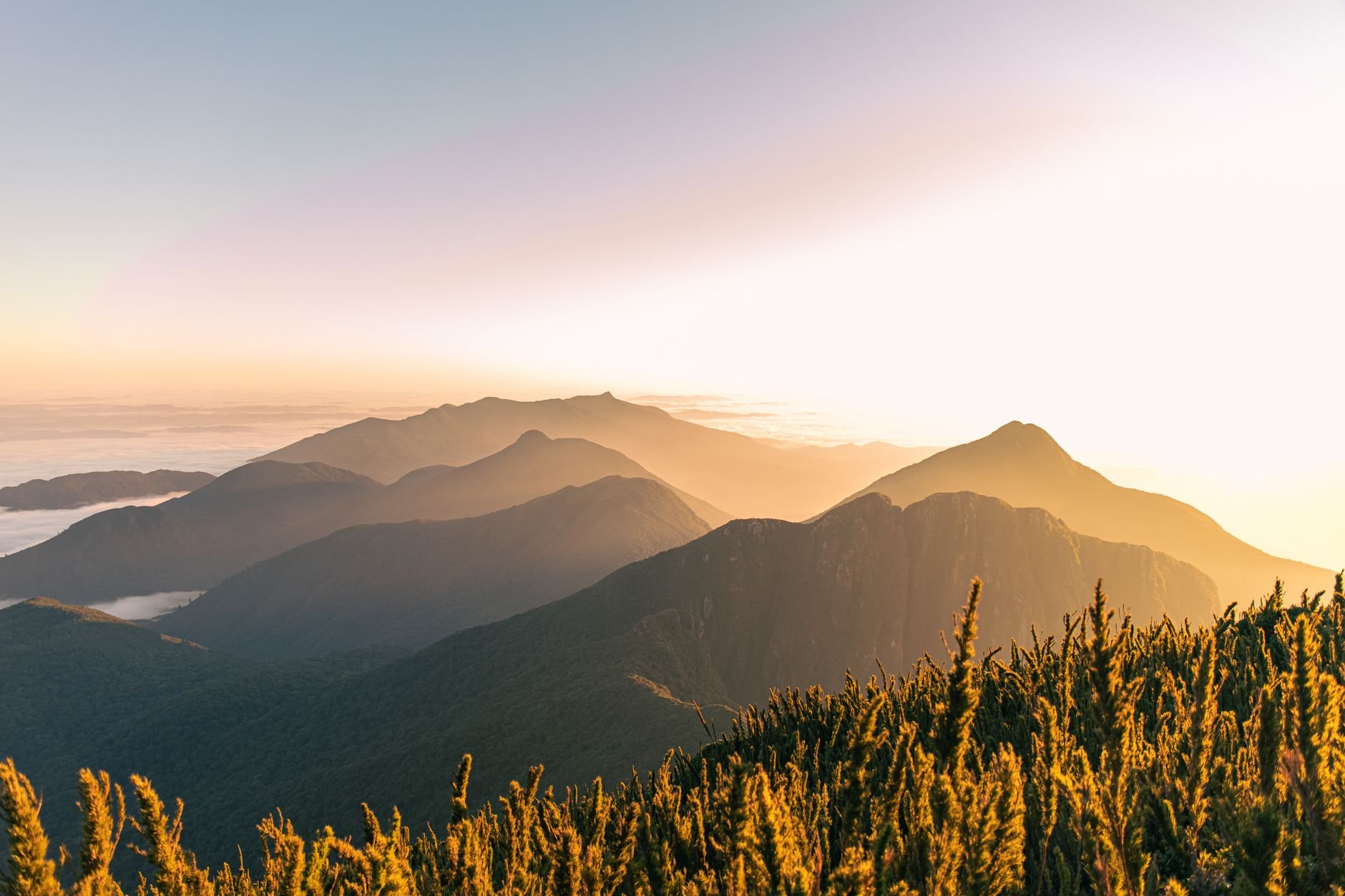 Trilheiro com mochila caminhando por trilha em meio à mata e às montanhas ao amanhecer